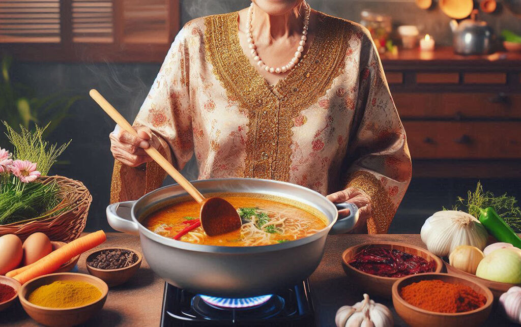 A curry Laksa being cooked in a large metal pot