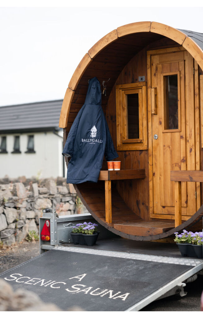 The exterior of the barrel shaped sauna pod