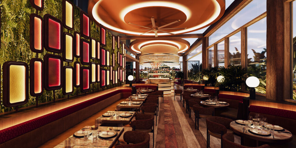 A rendering showing the view through the restaurant