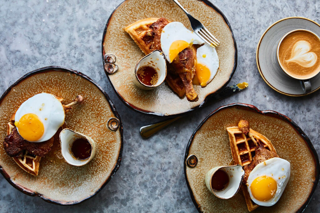 Waffles and eggs viewed from above