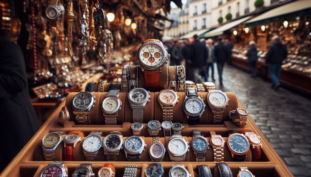 Fake luxury watches on a market stall on a Paris street