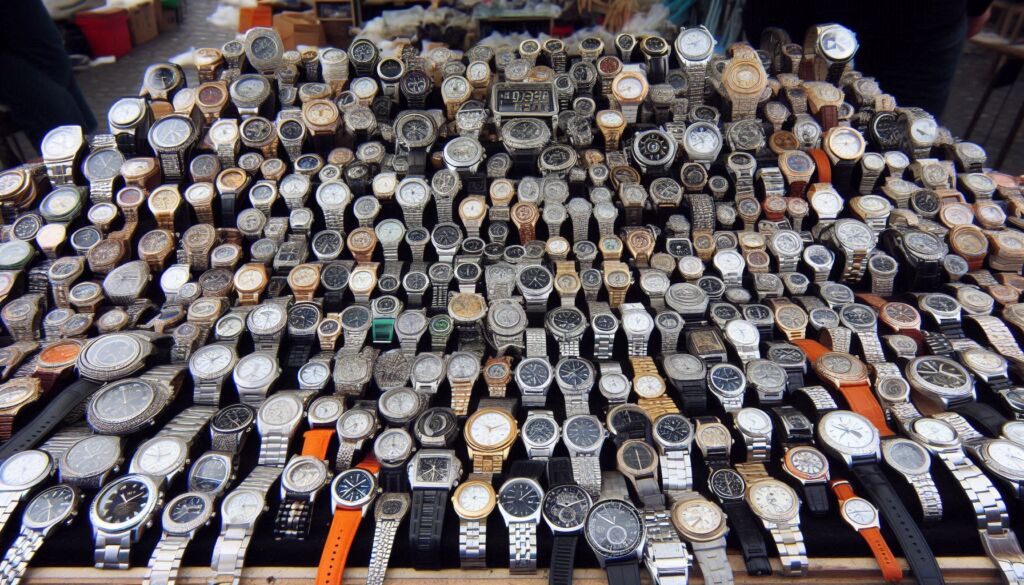 A large number of fake watches at a stall