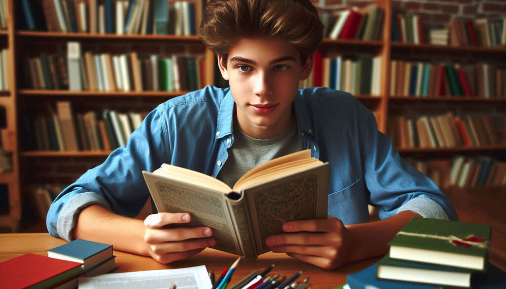 A young teenage boy reading a book