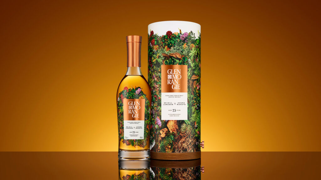 The floral decorated limited edition Glenmorangie Dr Bill Lumsden x Azuma Makoto 23 Years Old bottle and case