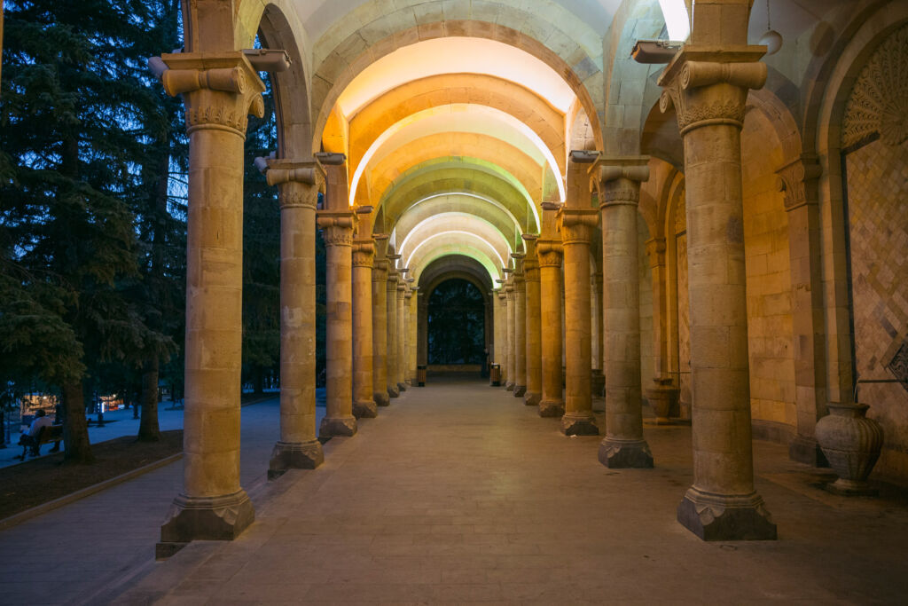 A photograph of one of the towns historic walkways at night