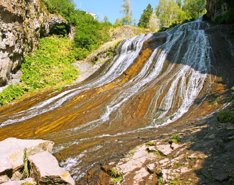 The waterfall on a sunny day