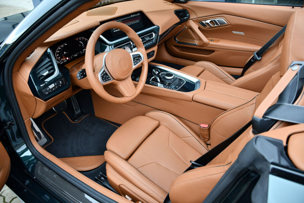 A close up view of the tan leather interior