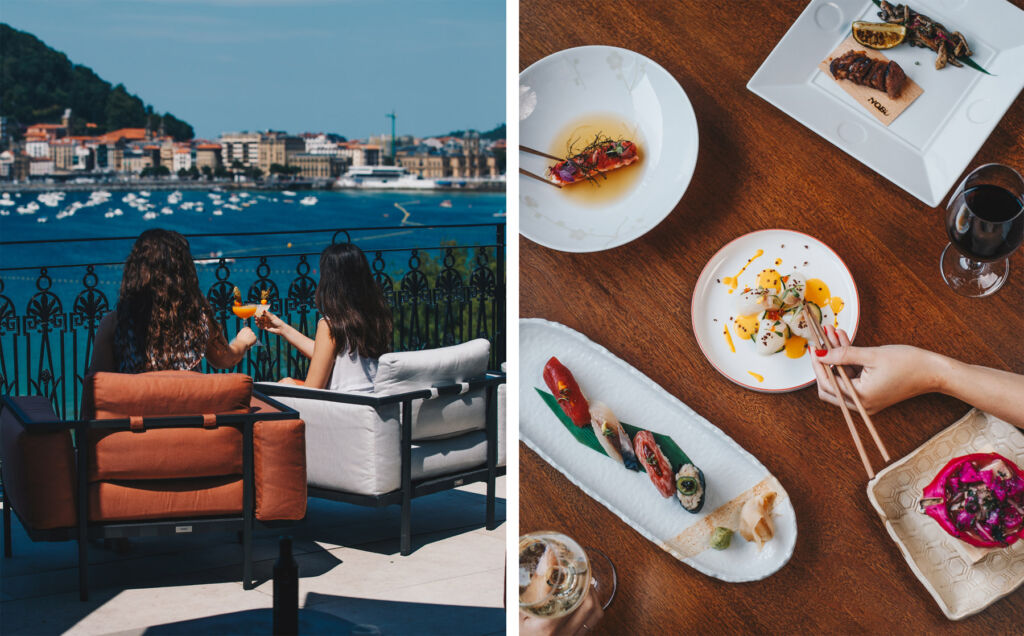 A photograph of two ladies enjoying the view from the terrace and a top down view of the Omakase dishes