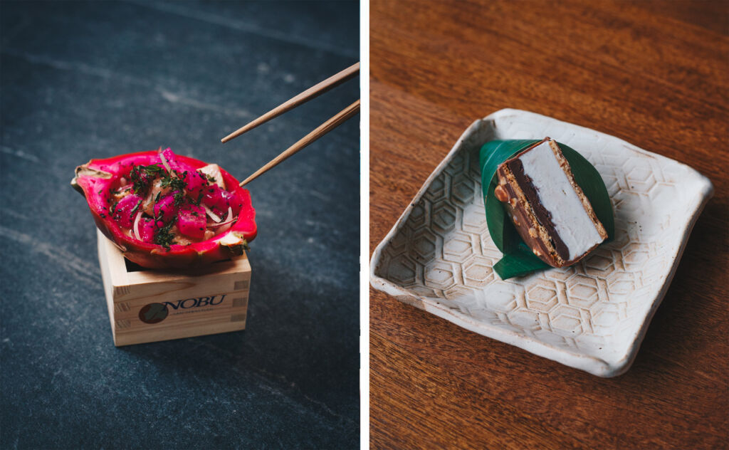 A photograph of the O-Toro Ceviche with Dragon Fruit and another one of a dessert