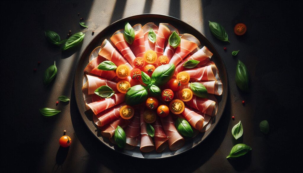 A plate of sliced ham and fresh vegetables