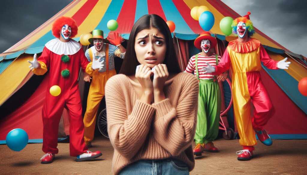 A young woman who is scared of clowns