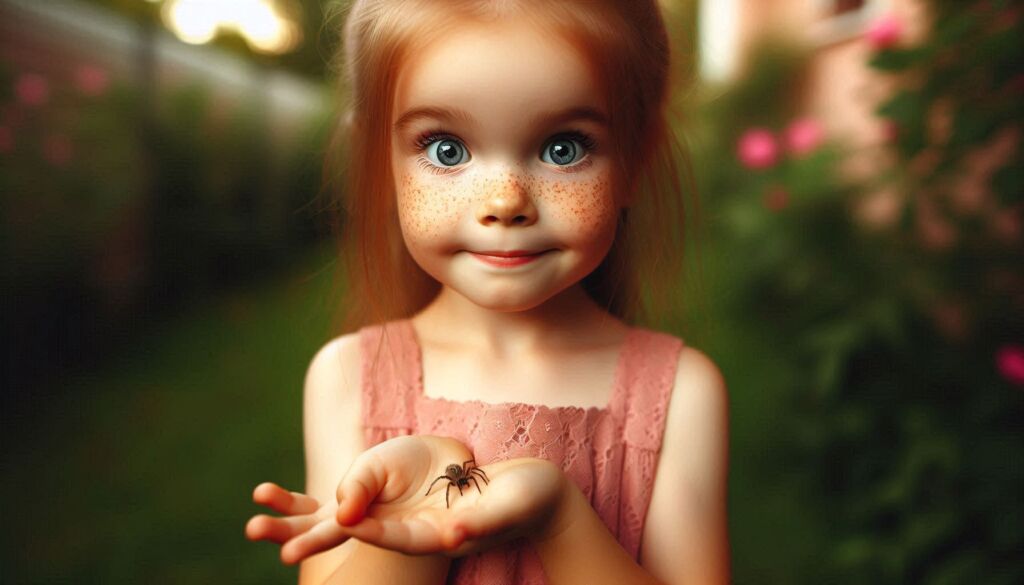 A young girl holding a spider in her hand