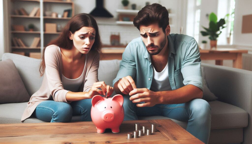 A couple counting the money in their piggy bank