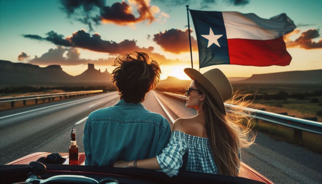 A couple watching the sun setting from their car