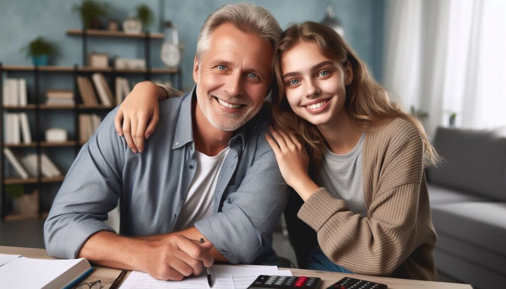 A father with his arm around his daughter in the home