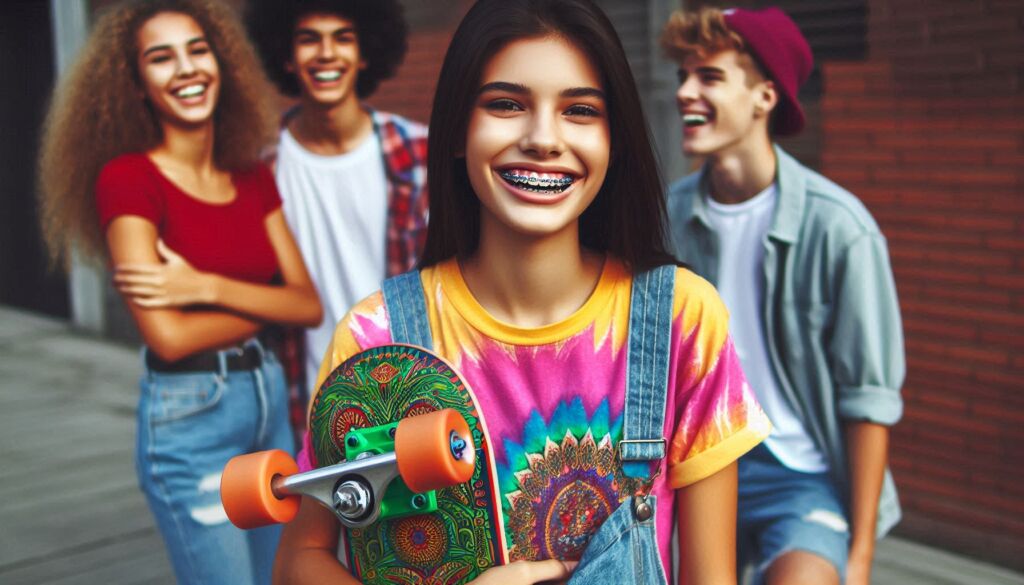 A young girl wearing metal dental braces