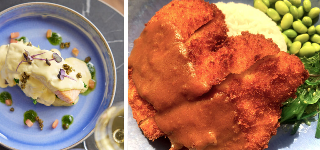 Photographs of a fish dish and a baked curry dish