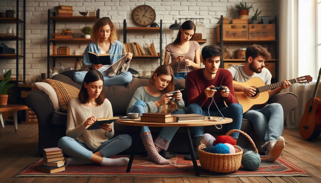 A group of young people doing their own things in a living room