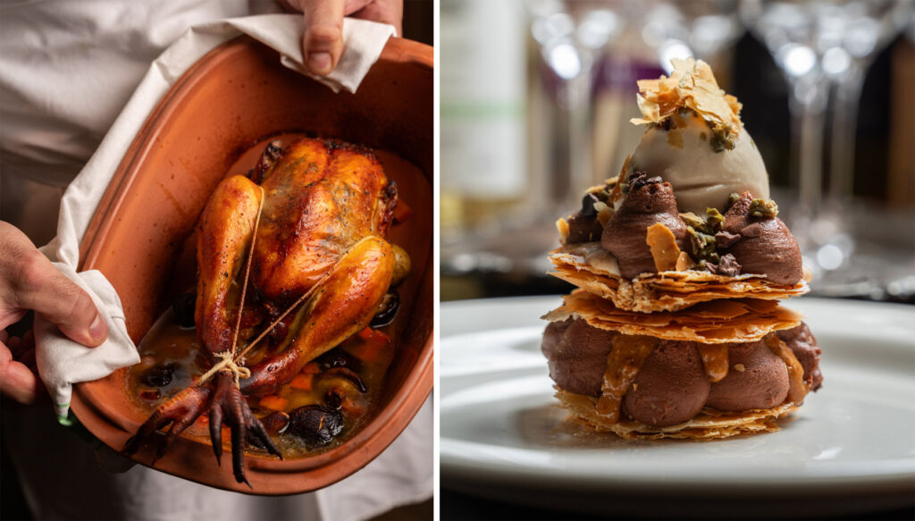 A photograph of a meat dish and one of a dessert