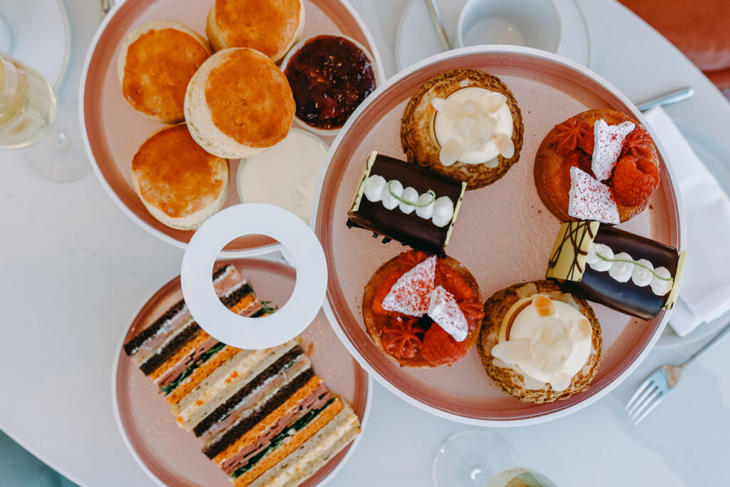 A top down view showing the foods in the afternoon tea