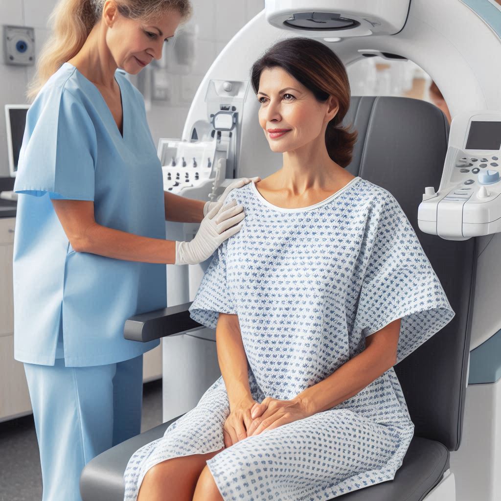 A mature woman undergoing tests at a clinic