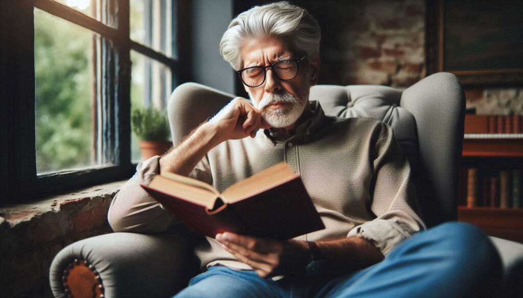 An older man struggling to read a book