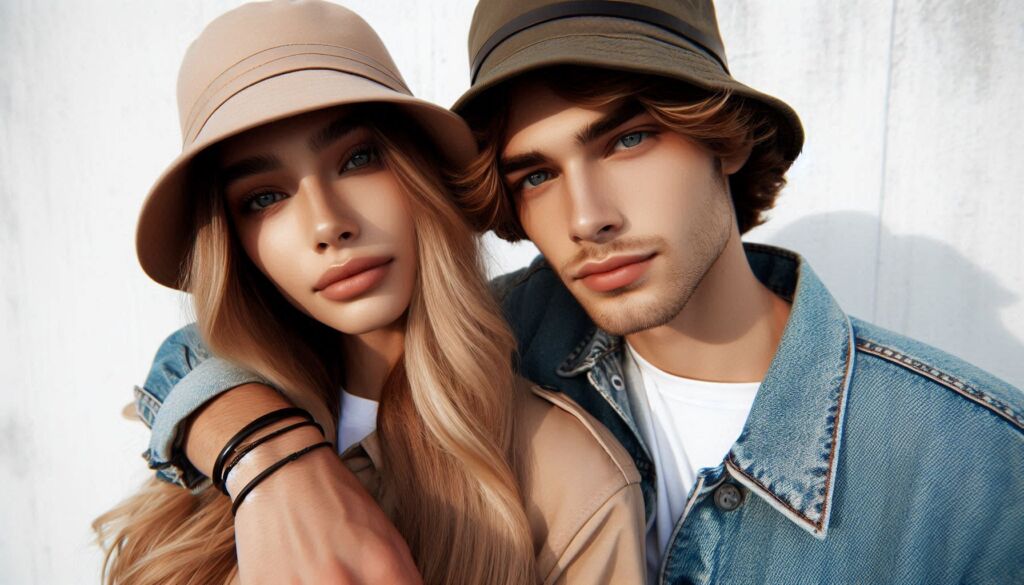 A young couple wearing bucket hats