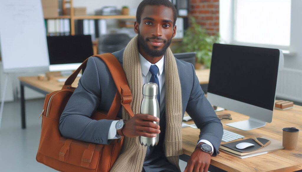 A young man in an office carrying a flask