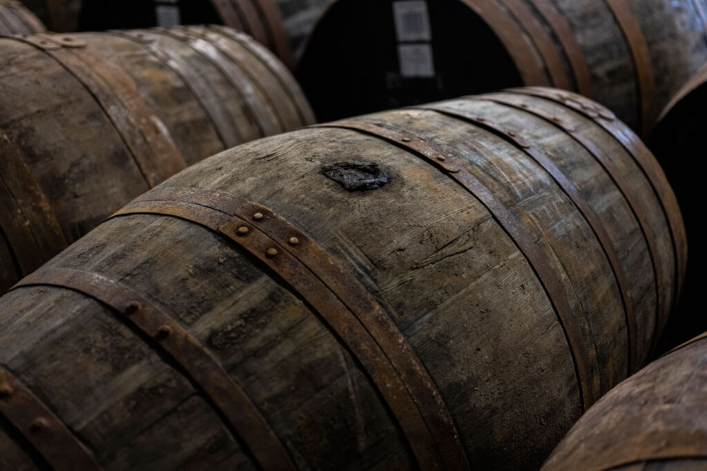 The wooden casks at the distillery