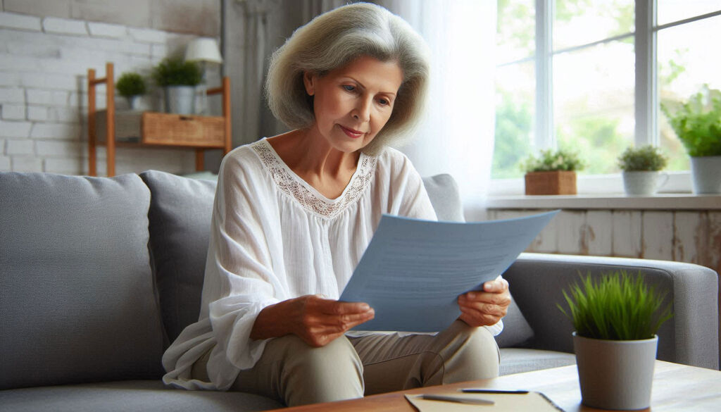 A woman reading her pension fund statement in her home