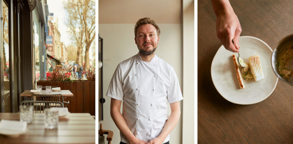 A photograph of Nathan, one of a dish being plated and the exterior of the restaurant