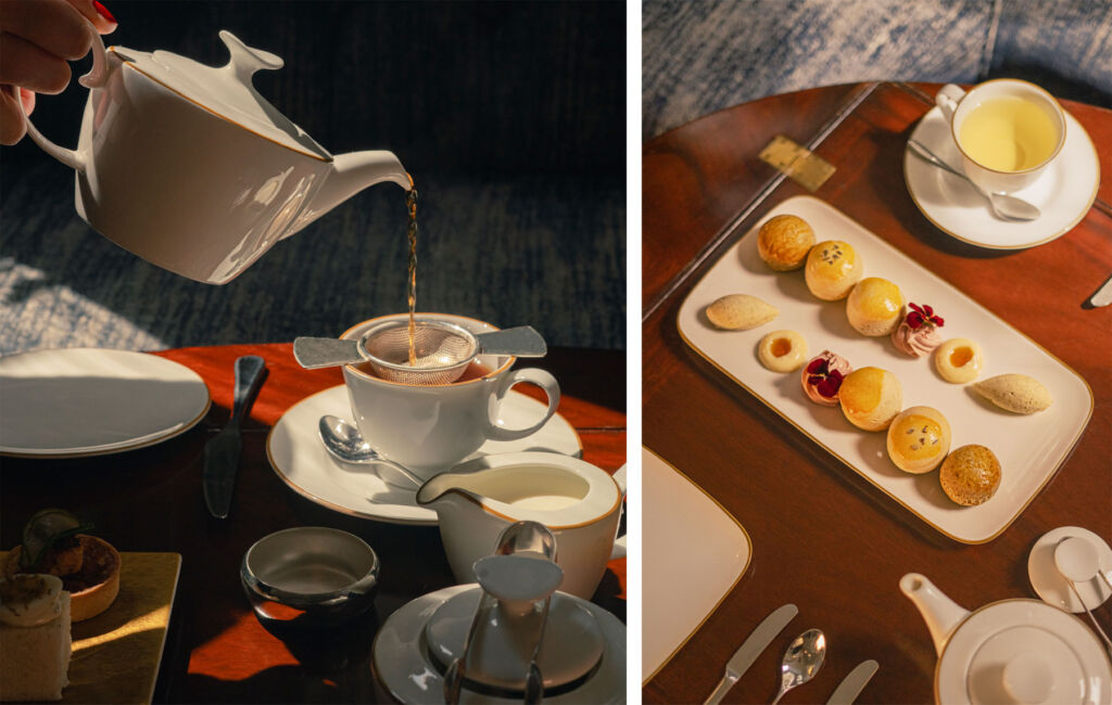 A photograph of a cup of tea being poured and one of the Flight of Scones