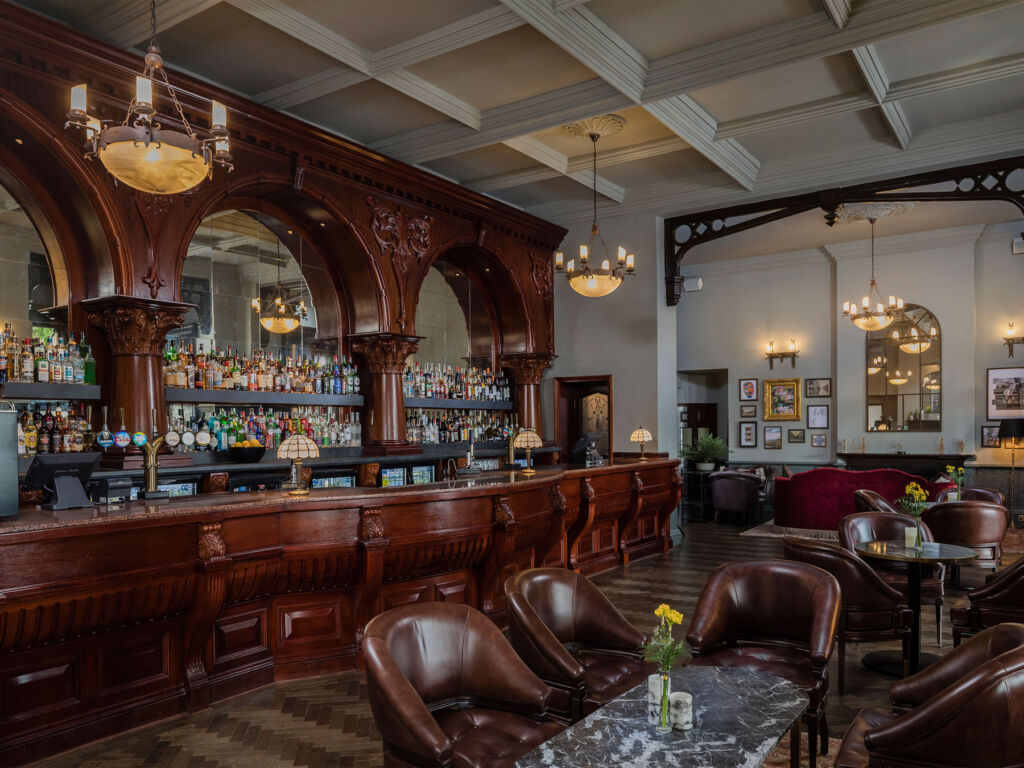 The bar area with its spectacular use of wood and leather