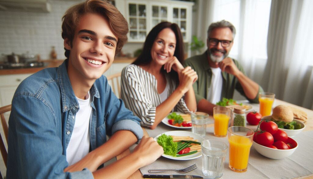 A happy teenager sat at the dinner table with is parents