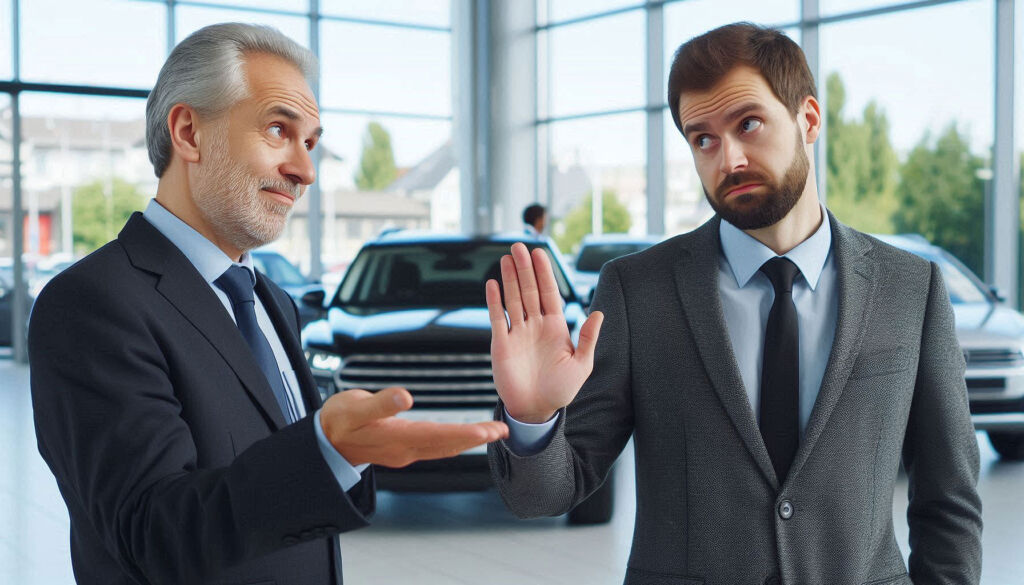 A man saying no to buying a car in a showroom