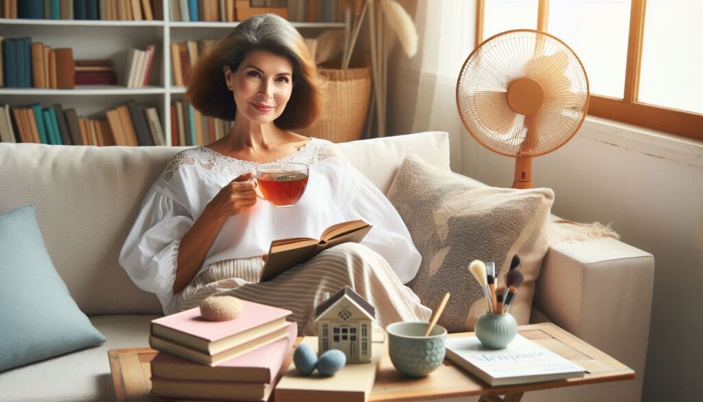 A relaxed woman sat on her sofa