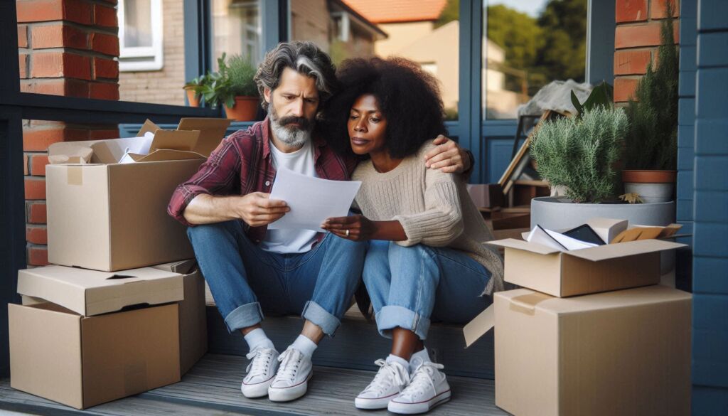 A couple sitting on the steps of their house, reading a document surrounded by removal boxes