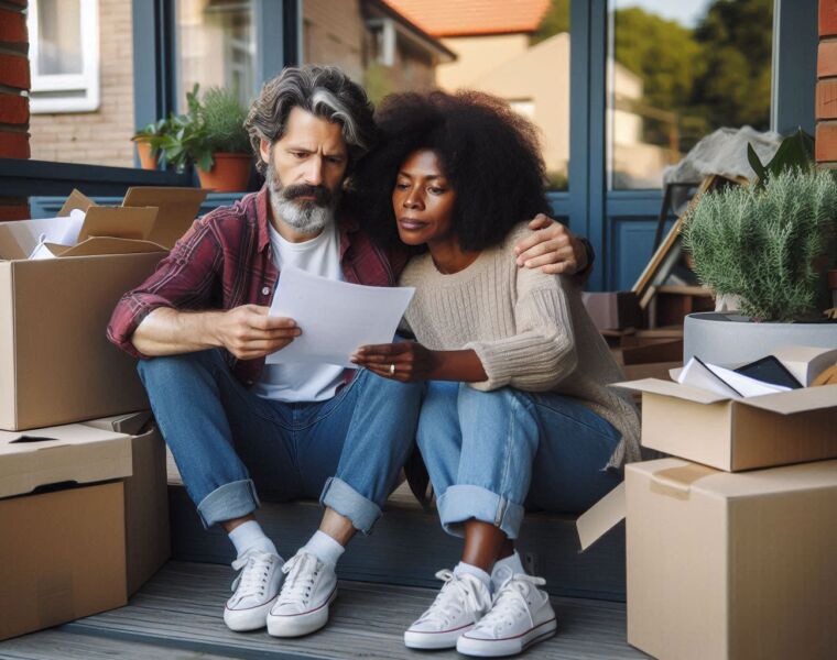 A couple sitting on the steps of their house, reading a document surrounded by removal boxes