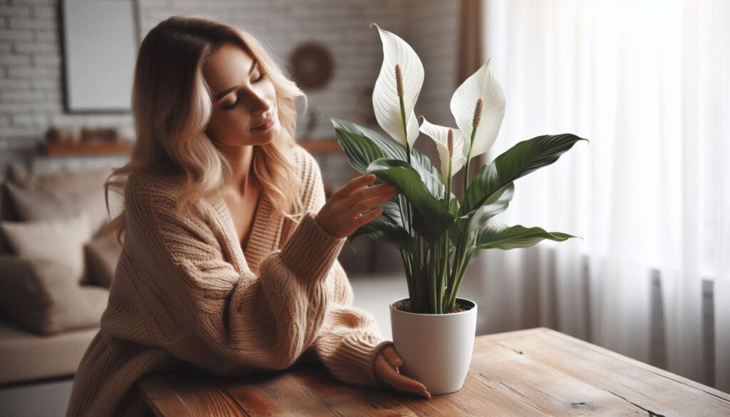 A woman inspecting the leaves on her favourite plant