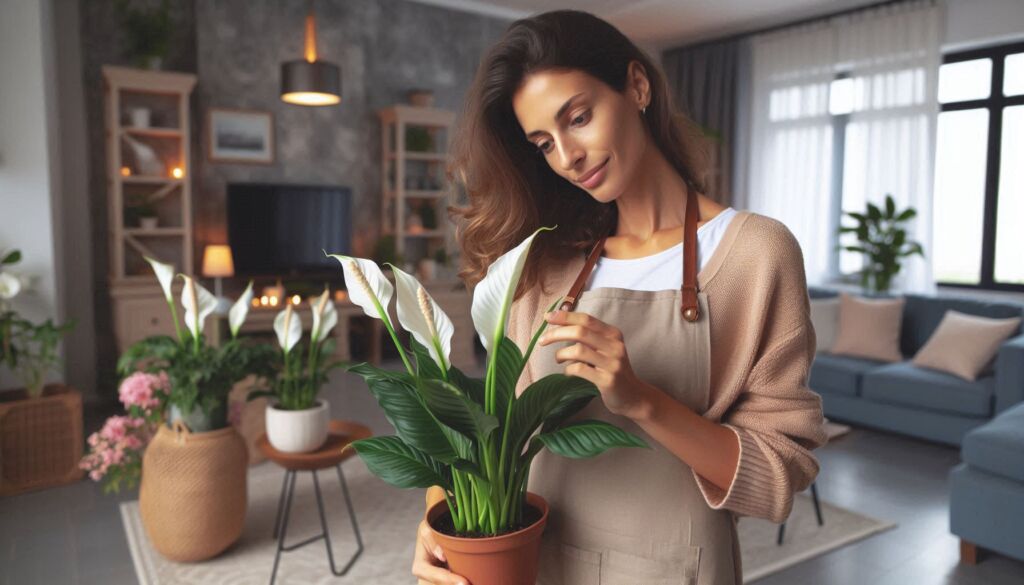 A woman looking after her lily in her home