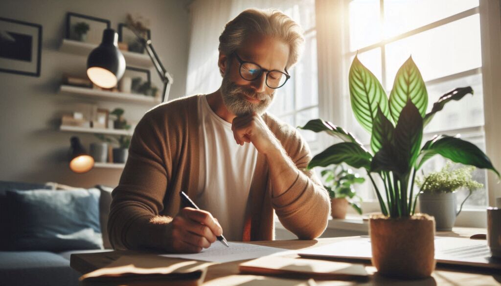 A man working at home with a lily on his desk