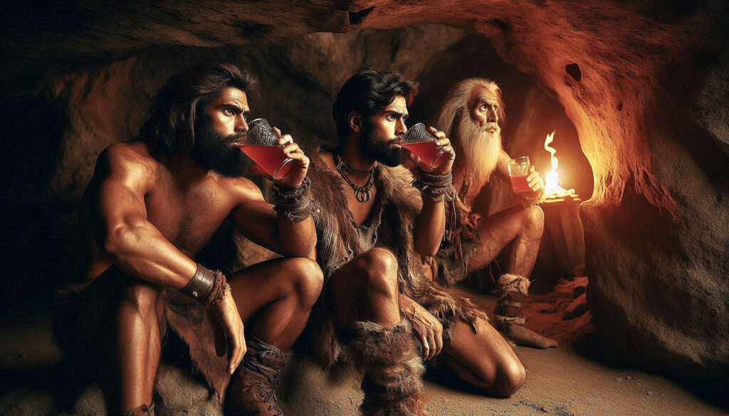 Prehistoric people socialising with a drink