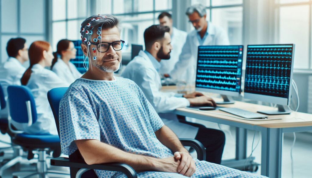 Scientists monitoring the brainwaves of a business man