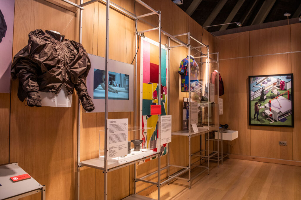 Some of the cabinets displaying fashion garments