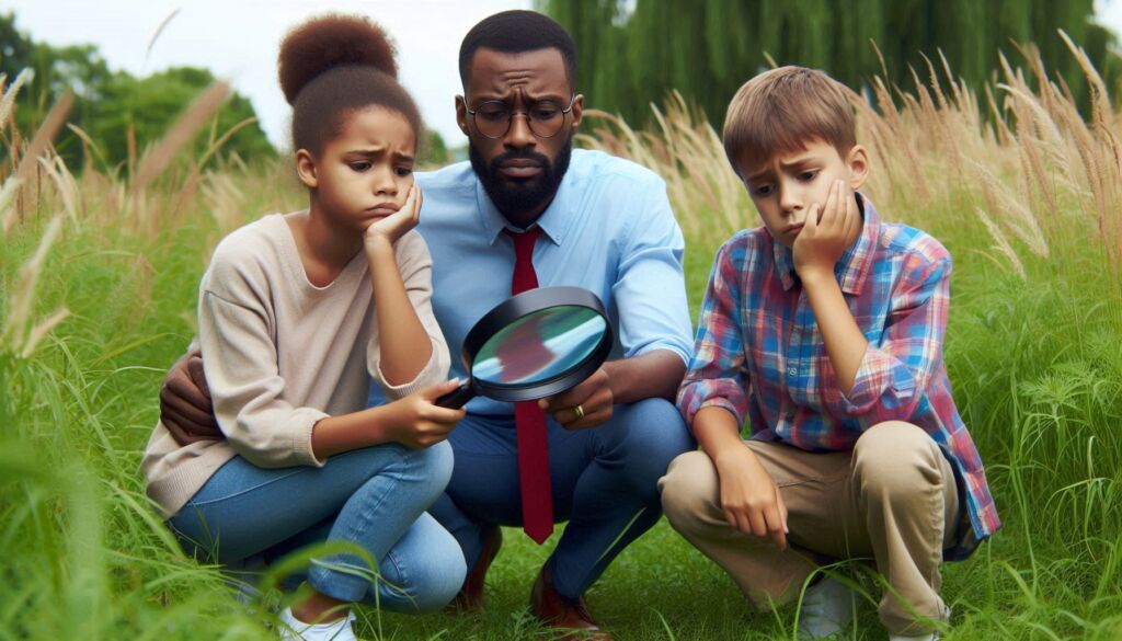 A disappointed adult and a two children in a field