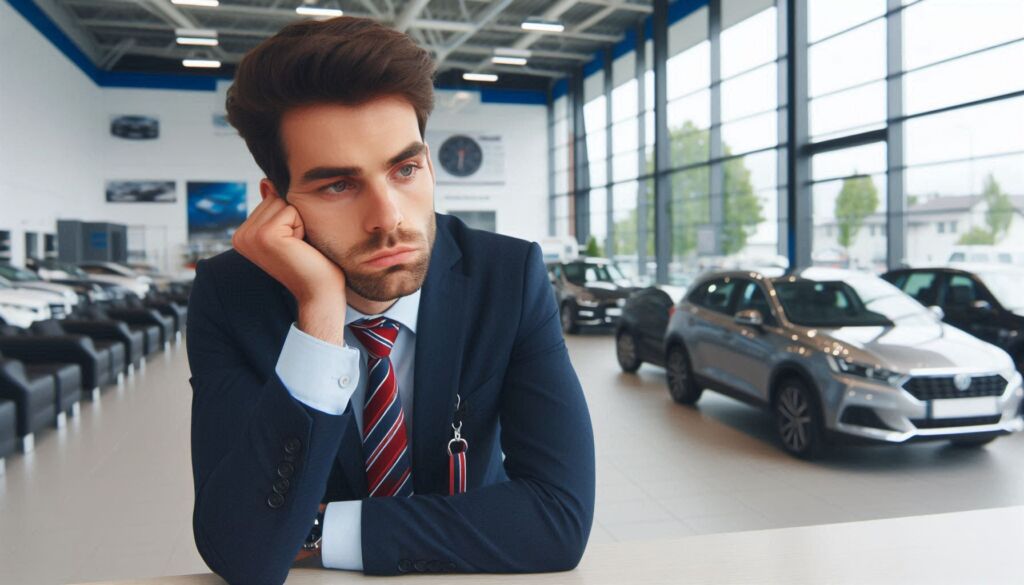 A car salesman in a showroom filled with cars without any customers