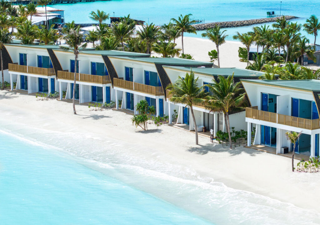 An elevated view of the beachfront properties