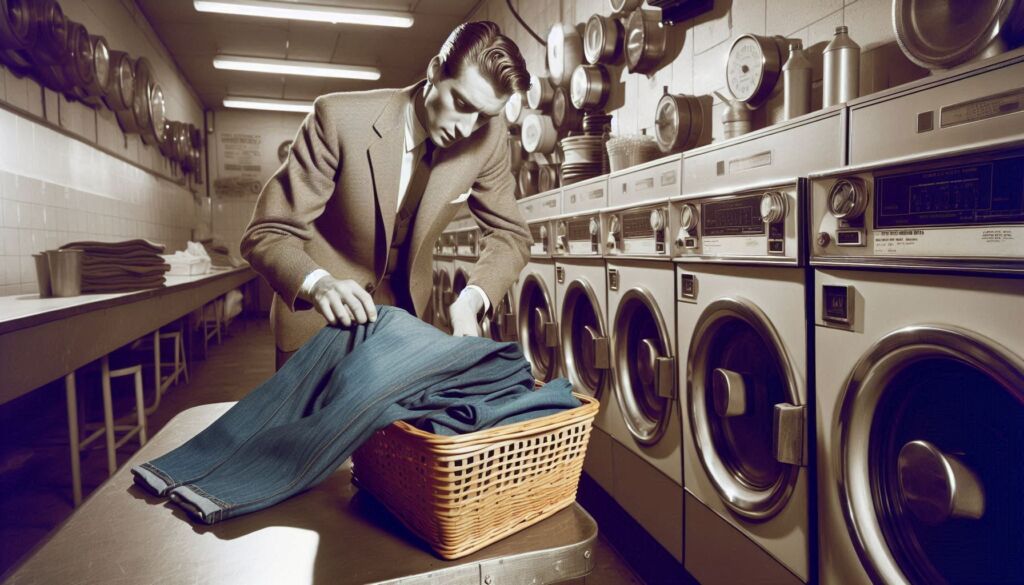 A man inspecting freshly washed clothes in a launderette