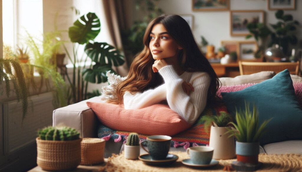 A younger woman sitting in her living room