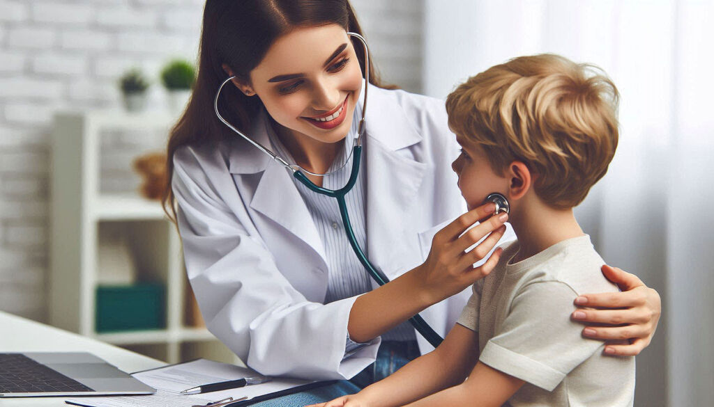 A female doctor examining a young boys face